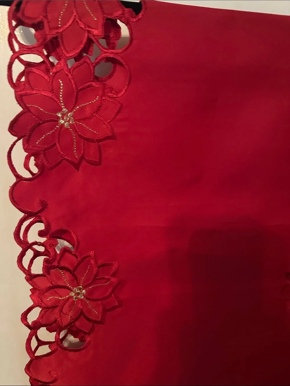Holiday Red Floral Cutwork Table Runner NWOT